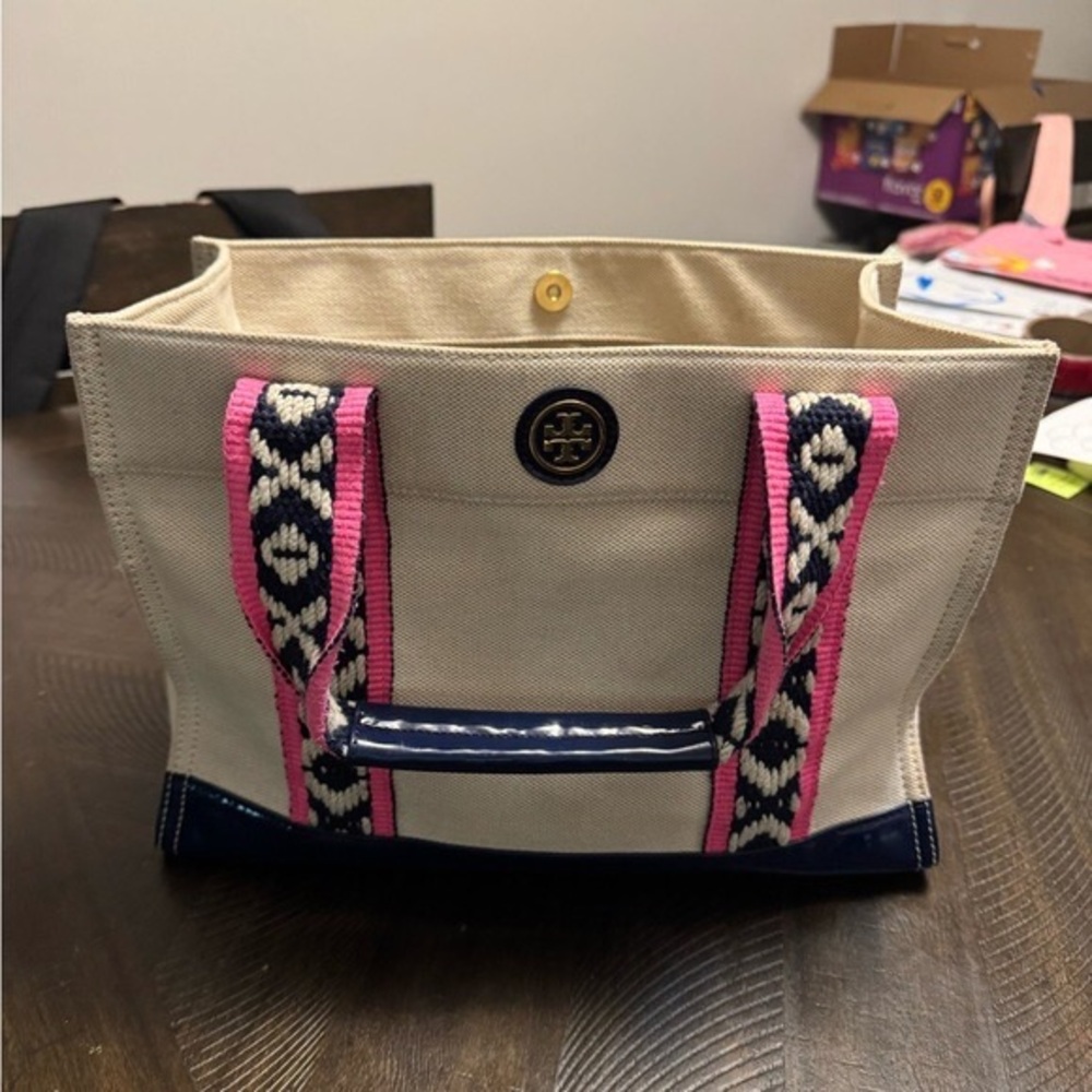 Tory Burch Cream and Pink Tote Bag with Navy Blue accent